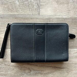 Burberry Large Black Clutch Plaid Pebbled Leather Wristlet Authentic